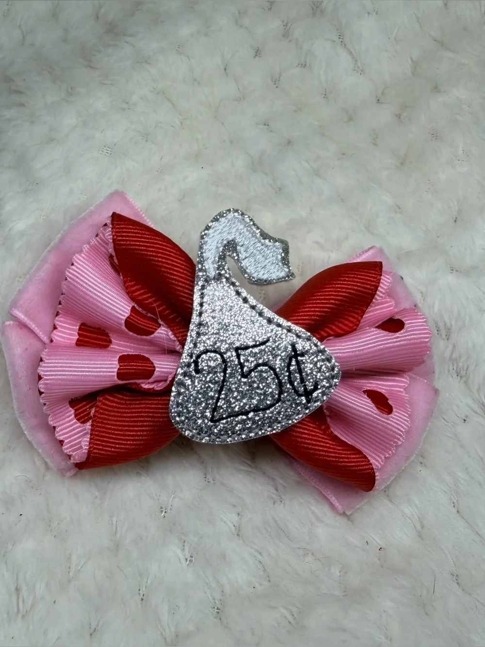 Small Pink & Red Heart Bow with Silver Glitter Accent